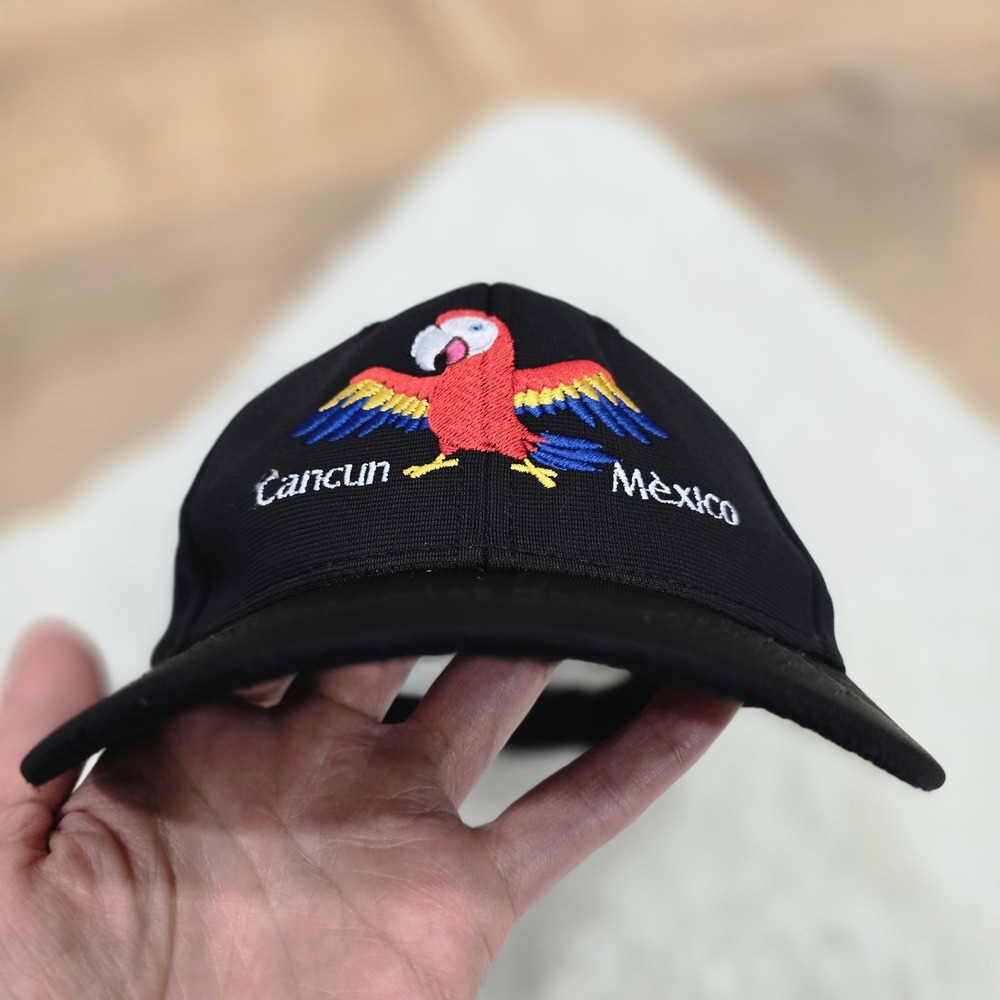 Cancun‎ Mexico Souvenir Baseball Cap Hat - Red Parrot Macaw Embroidery - Black - Picture 3 of 8